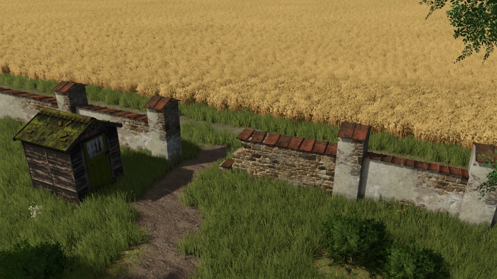 fs25-mods,  Stone wall and shed in a wheat field from FS25 Stone Decorations mod.