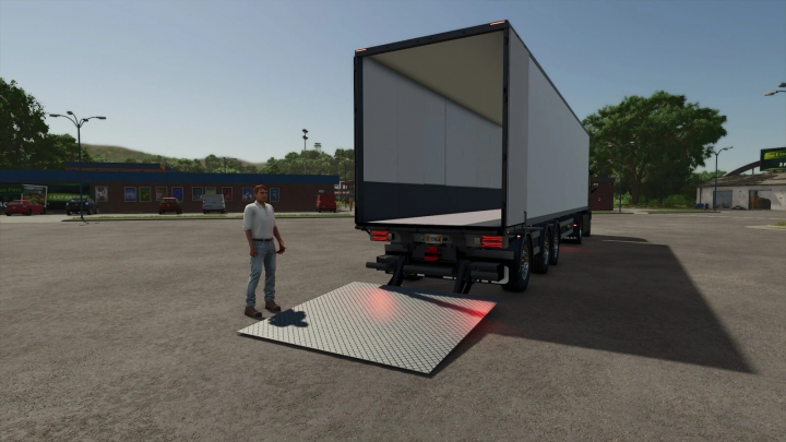 fs25-mods,  FS25 mod showing a taillift on a truck trailer with a person standing nearby in Farming Simulator 25.