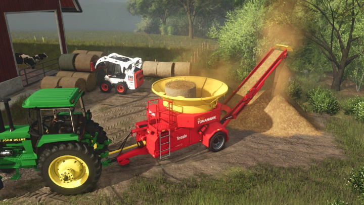 fs25-mods,  FS25 mod Teagle Tomahawk C120 v1.0.0.0 in action, attached to a green tractor, processing hay on a farm.