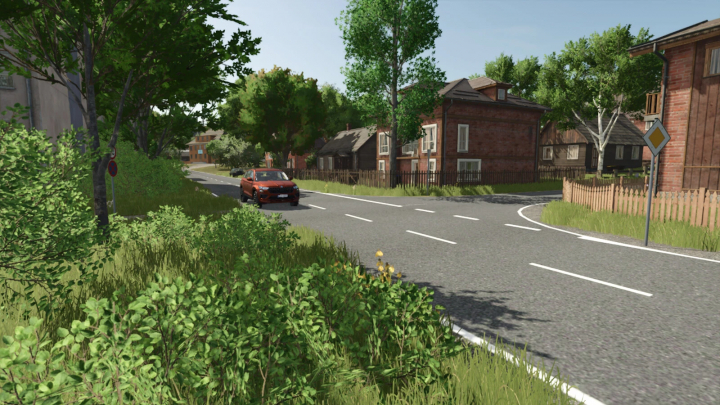 fs25-mods,  Scenic road with a red car passing houses and trees in FS25 mod The Memory v1.0.0.0.