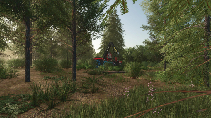 fs25-mods, Tässi Farm mod in FS25 shows a red forestry vehicle in a dense forest. FS25 mods enhance farming simulation gameplay.