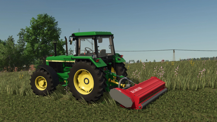 fs25-mods, FS25 mod Unia Kornik XL 2.8 attached to a green tractor in a field in Farming Simulator 25.