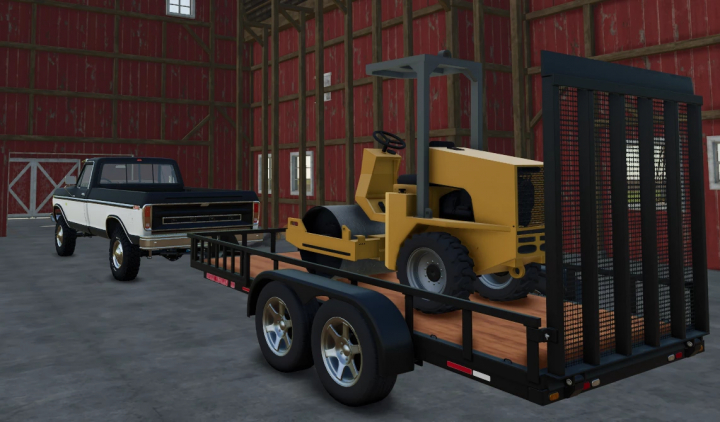 fs25-mods,  FS25 mod Vehicle Roller v1.0.0.0 in barn with truck and trailer in Farming Simulator 25.