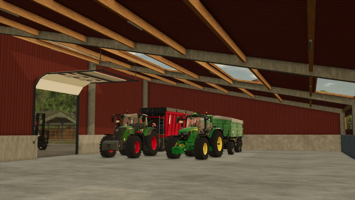 fs25-mods,  Vehicle Shed v1.0.0.0 mod in Farming Simulator 25 showing tractors inside a spacious shed.