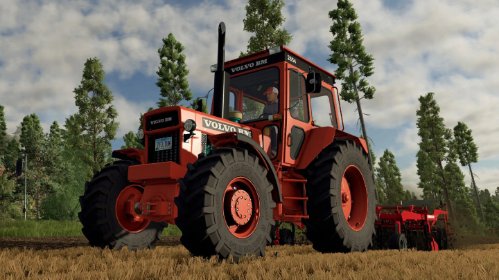 fs25-mods,  Volvo BM tractor in FS25 Volvo Pack mod, showcasing a red tractor in a grassy field with trees.