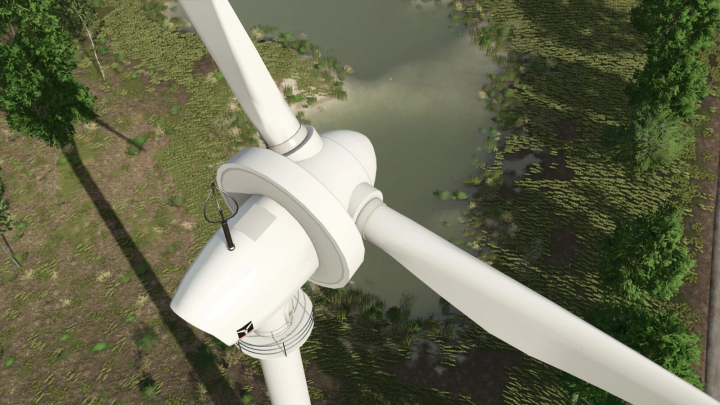 fs25-mods,  Aerial view of wind turbine from Windturbine Pack mod in Farming Simulator 25, showcasing its blades and surrounding landscape.