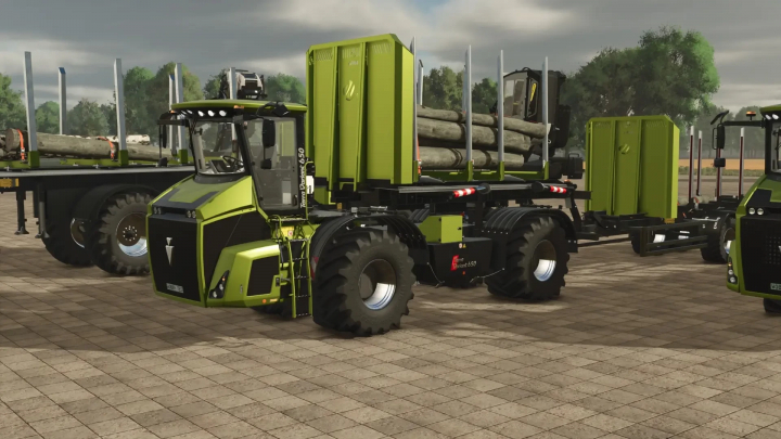 fs25-mods, WoodShuttle Pack WobbyTec v1.0.0.0 mod for FS25 featuring a green logging trailer with logs, enhancing Farming Simulator 25 gameplay.