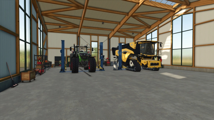 fs25-mods,  FS25 Workshop mod v1.0.0.0 featuring tractors and equipment inside a modern garage.