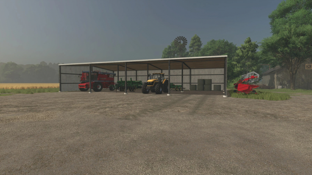 4 Bay Shed mod in FS25 featuring farm equipment storage