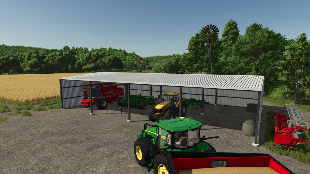 4 Bay Shed mod in Farming Simulator 25 featuring stored tractors and equipment near a wheat field.