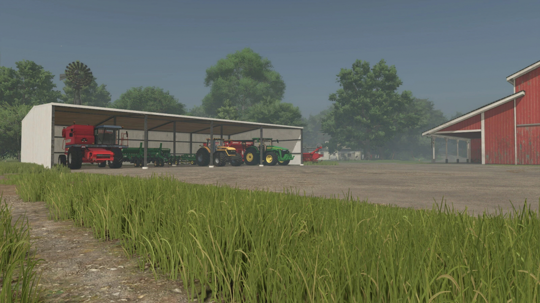 4 Bay Shed mod for FS25 showing farm equipment storage