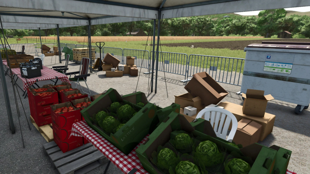 FS25 mod Agricultural Fair v1.0.0.0, market stall with crates of vegetables, tables with checkered cloths, and cardboard boxes.