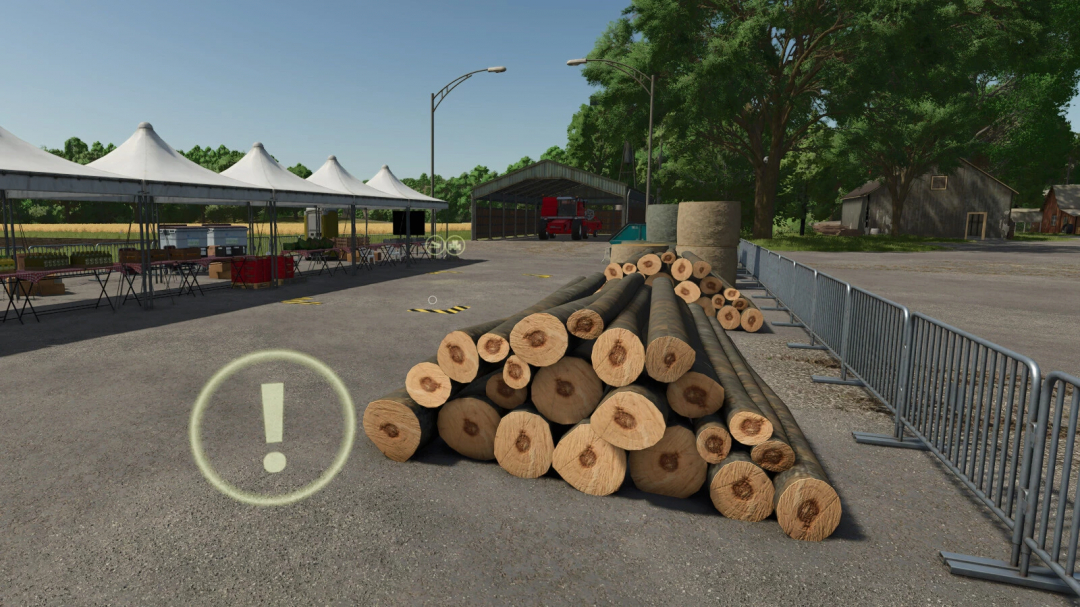 FS25 mods, Agricultural Fair v1.0.0.0 showing a pile of logs and market tents in Farming Simulator 25.