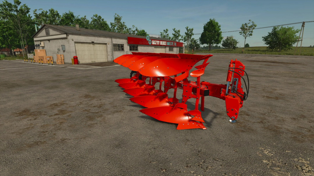 Agromasz POV 5 XL plow mod for Farming Simulator 25 on a concrete area with building and trees in background.