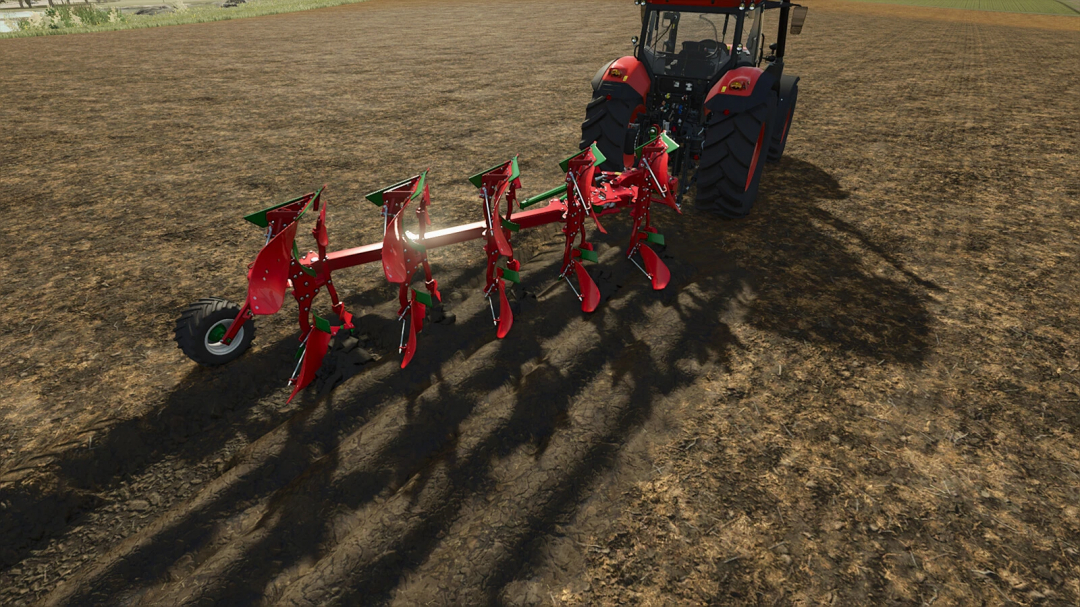 FS25 mod Agromasz POV 5 XL plow attached to tractor on field in Farming Simulator 25.