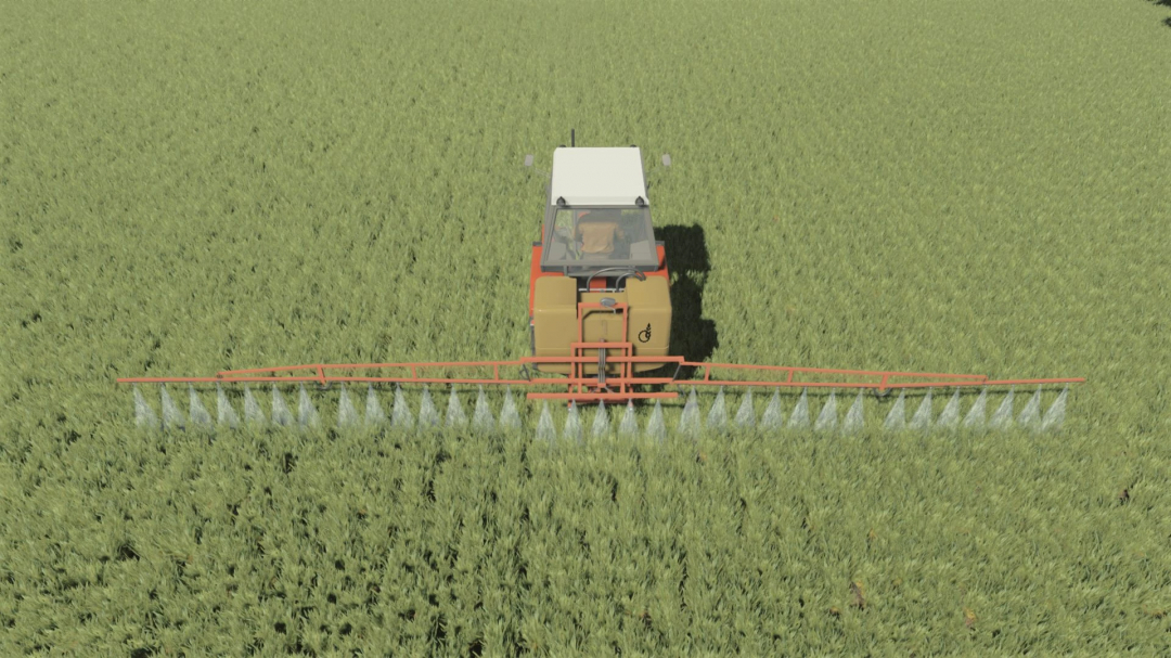 FS25 mod Agromechanika Kranj 600L spraying field from tractor top view.