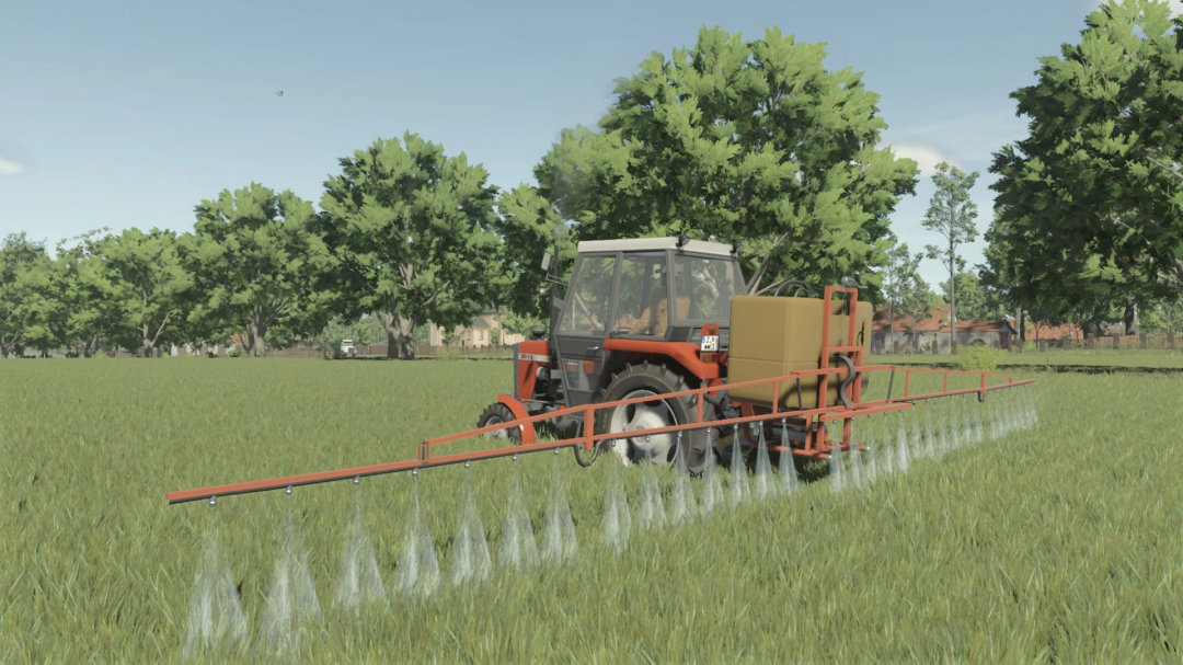 FS25 mod Agromechanika Kranj 600L v1.0.0.0 spraying field with tractor.