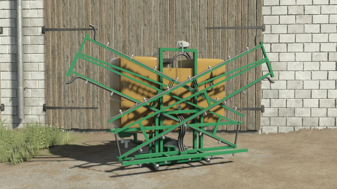 FS25 mod Agromechanika Kranj 600L v1.0.0.0 farming equipment in front of a barn.