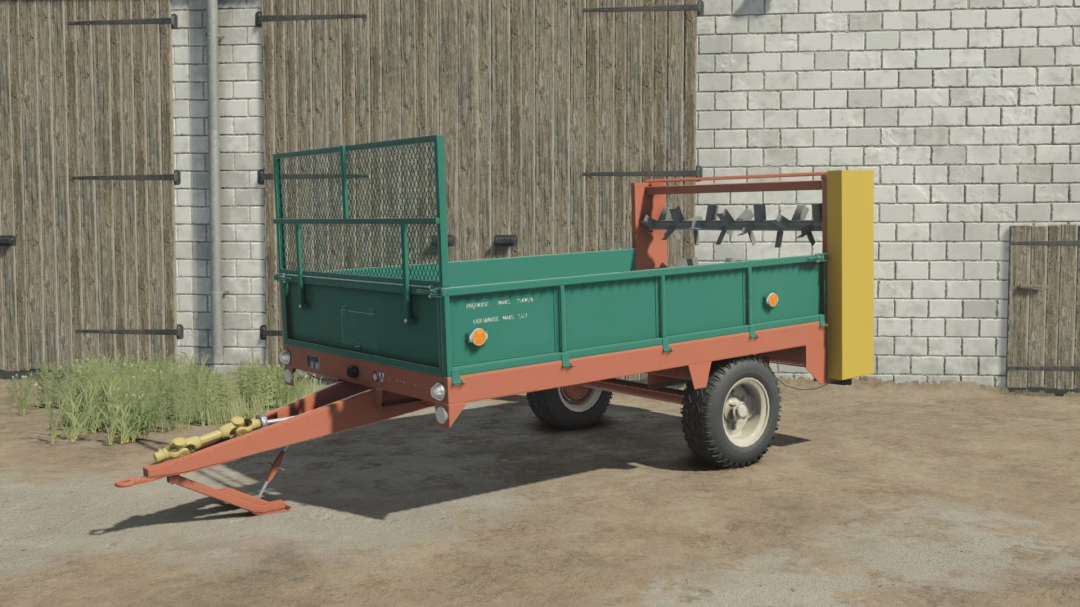 Agromet Warfama N-237/1 trailer mod for FS25, showcasing a green and orange farm trailer near a barn wall.