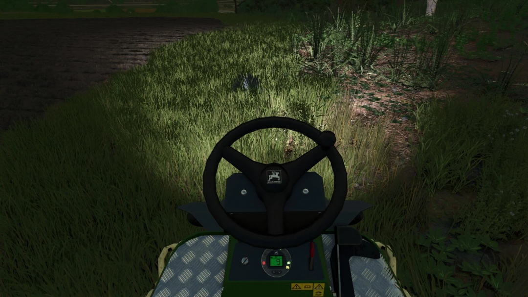 View from the seat of the Amazone Profihopper mod in Farming Simulator 25, showing the steering wheel and dashboard.