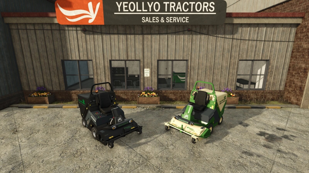 Two Amazone Profihopper mowers in FS25 mod outside Yeollyo Tractors building.