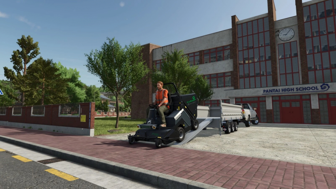 FS25 mod Amazone Profihopper v1.0.0.0 in front of Pantai High School, showing a lawn mower being used on a sidewalk.