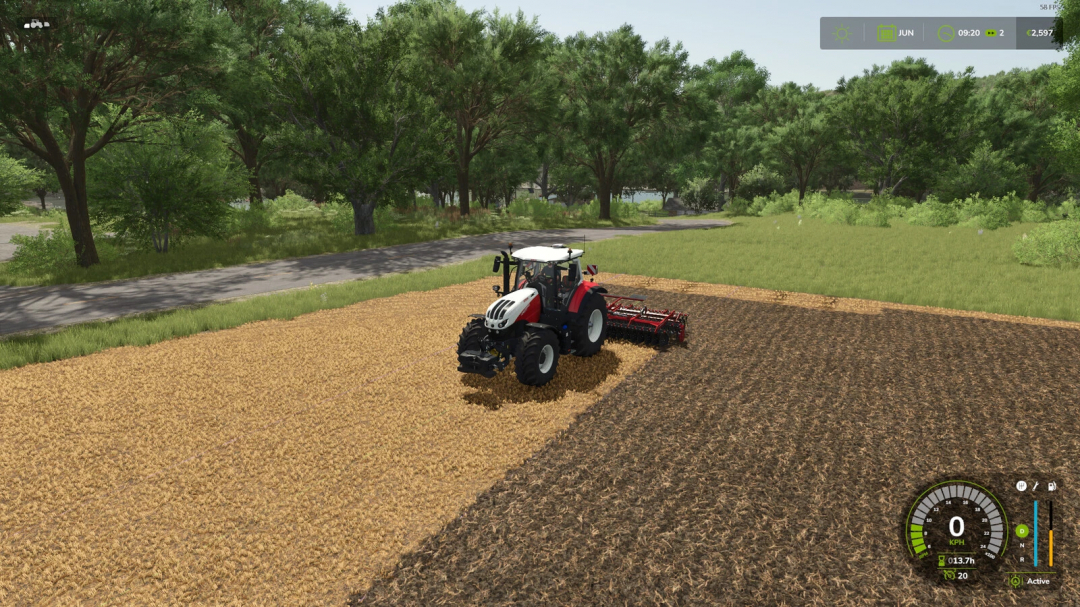 FS25 mod Auto-Disable Steering Assist Lines v1.0.0.0 shows a tractor cultivating a field.