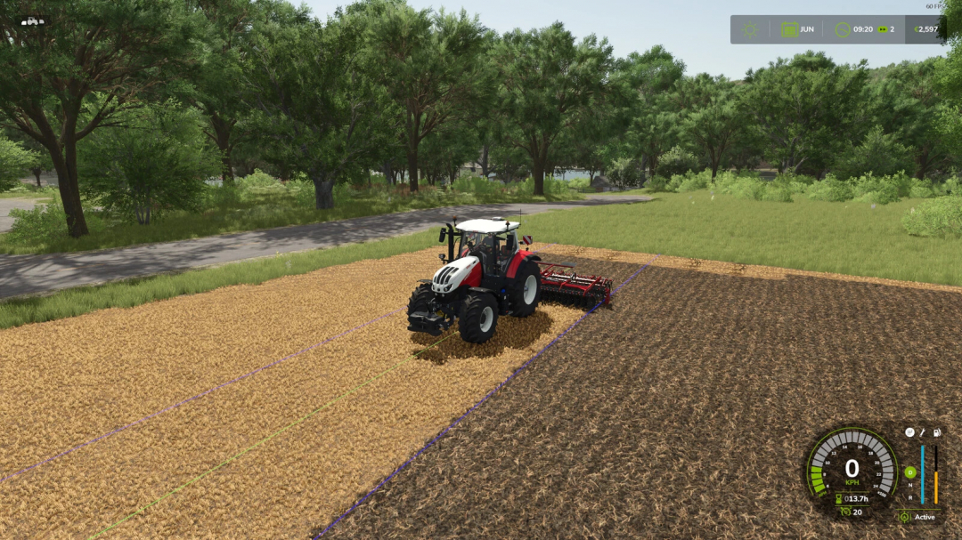 Tractor using Auto-Disable Steering Assist Lines mod in FS25, plowing field with visible assist lines.