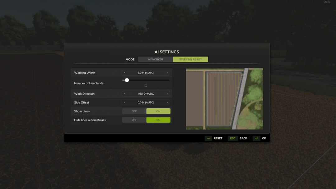 FS25 mod screen showing Auto-Disable Steering Assist settings with options for working width and line visibility.