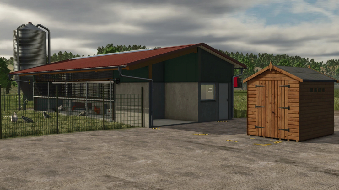 FS25 mod showing a farm building with automatic shipping of animal products feature.