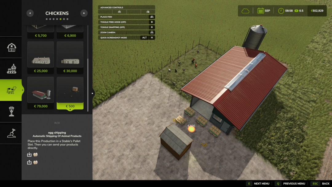 A barn in FS25 Automatic Shipping Of Animal Products mod, showing chicken coop and pallets for product transport.