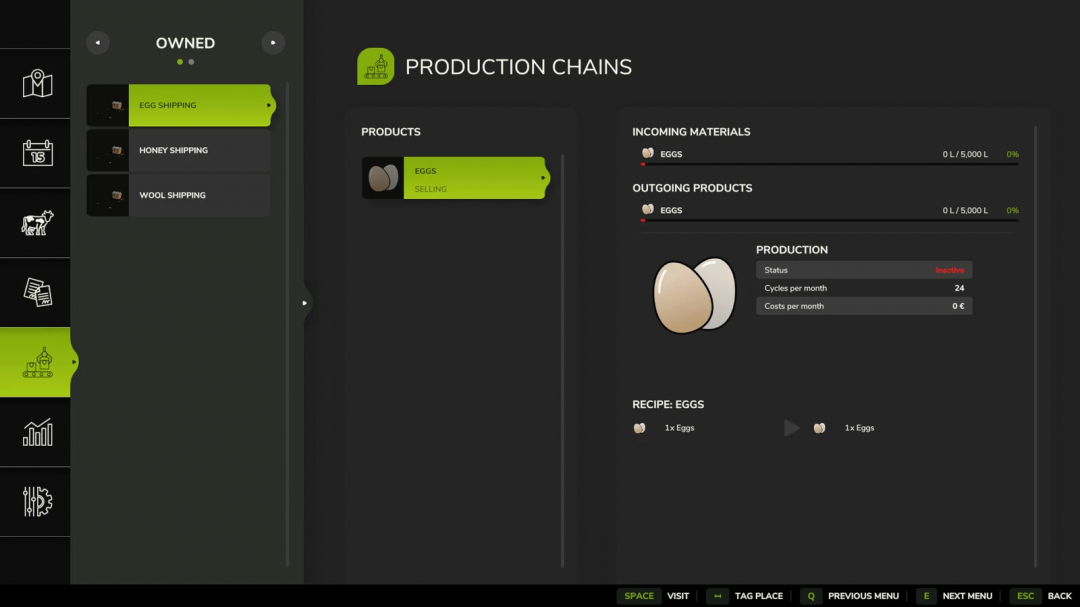 FS25 mod display for Automatic Shipping of Animal Products, showing egg production details.