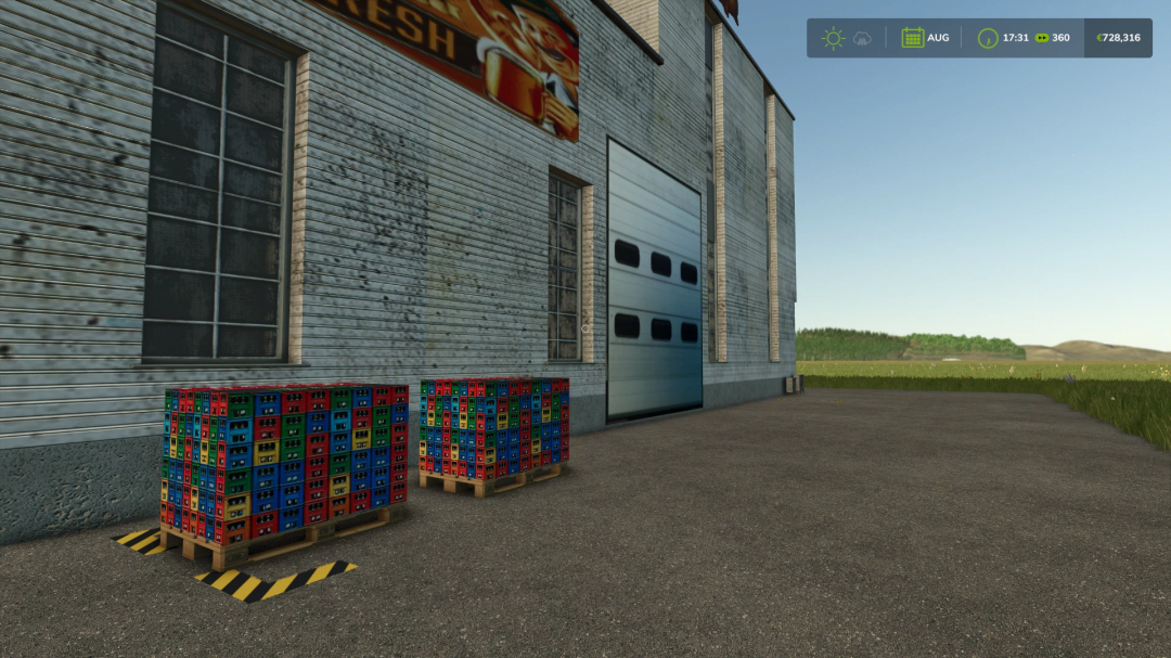 FS25 mods Beer Production feature with crates outside a factory building.