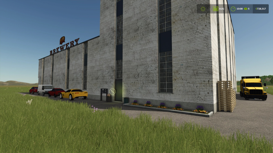 FS25 mods, Beer Production building with parked cars, Farming Simulator 25