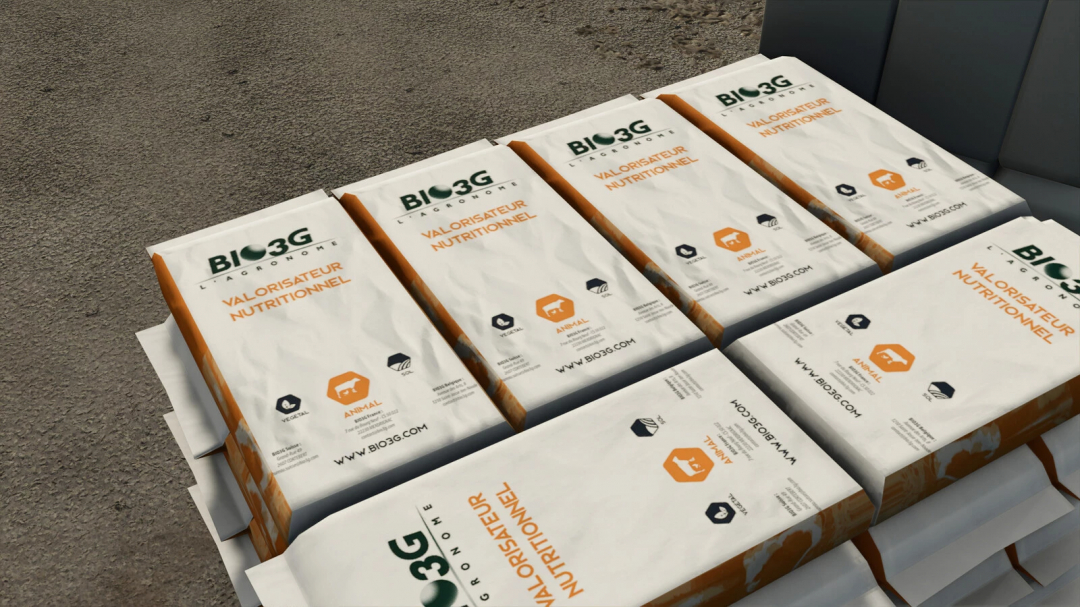 FS25 mod BIO3G Pack v1.0.0.0 featuring stacks of nutritional enhancer bags on a pallet.