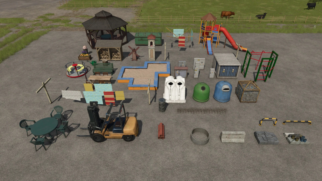 FS25 Big Decoration Package v1.1.0.0 featuring playground equipment, picnic tables, and farm decorations in Farming Simulator 25.