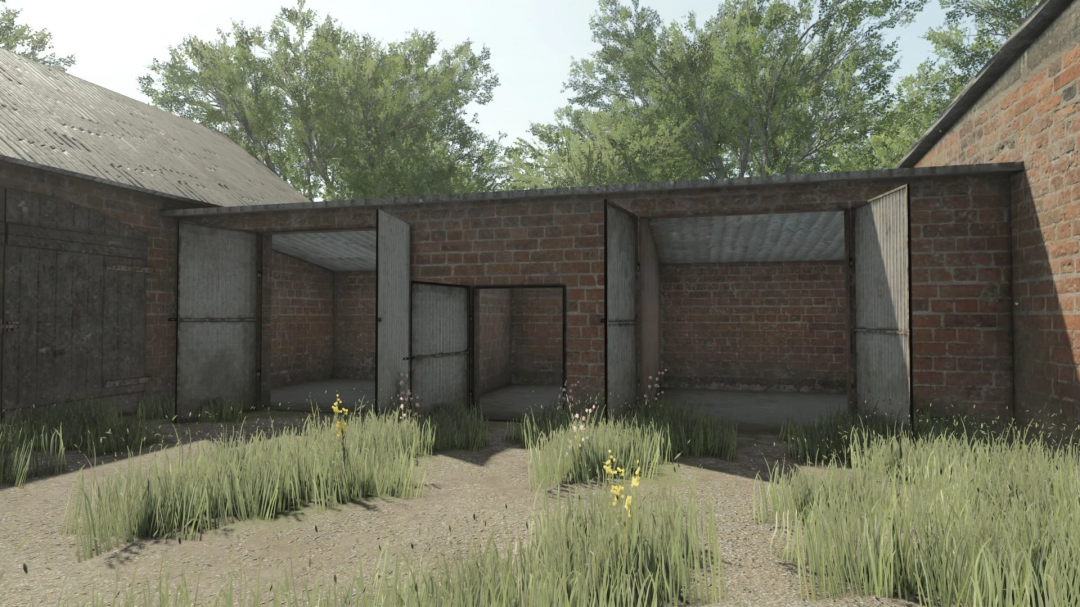 Brick buildings mod in FS25 showcasing rustic farm buildings with open doors.