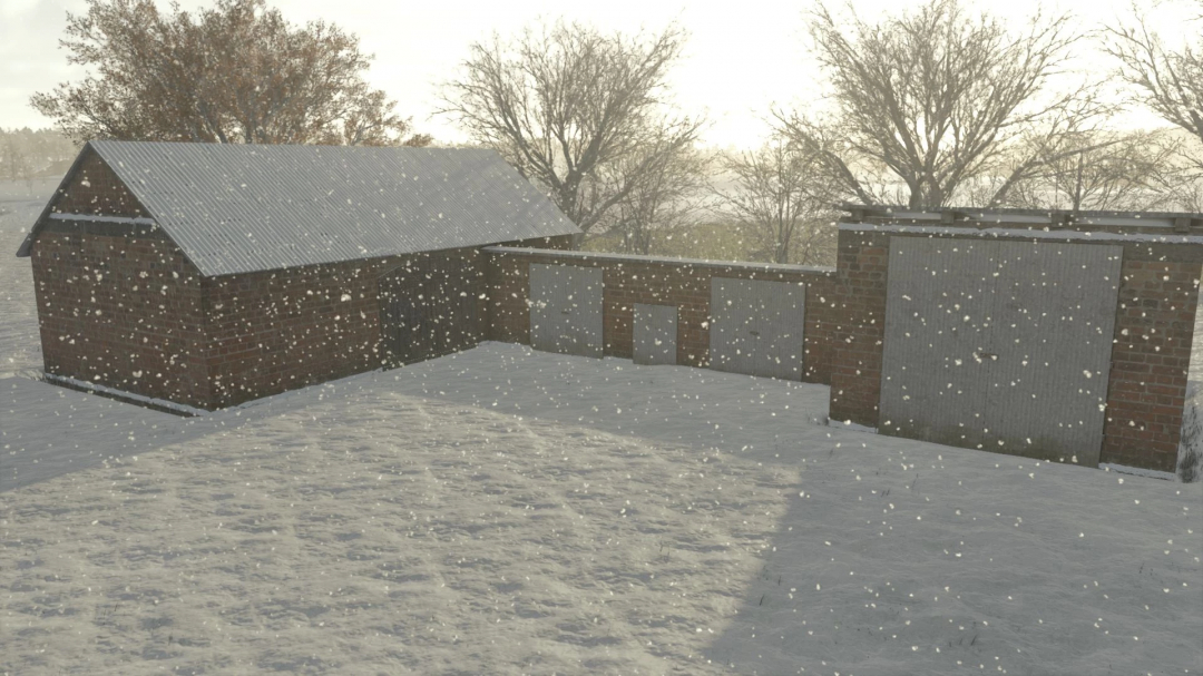 Snow-covered brick buildings in Farming Simulator 25 mod Brick Buildings v1.0.0.0