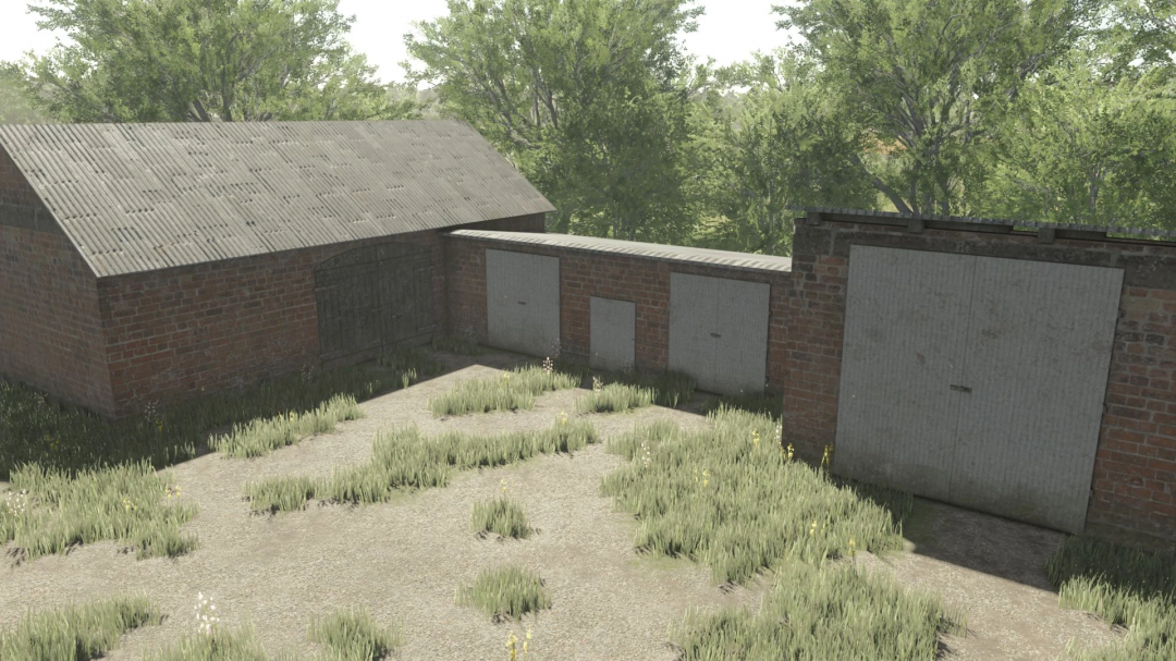 Brick buildings mod in FS25 showing rustic garages and sheds surrounded by grass, enhancing Farming Simulator 25 environment.