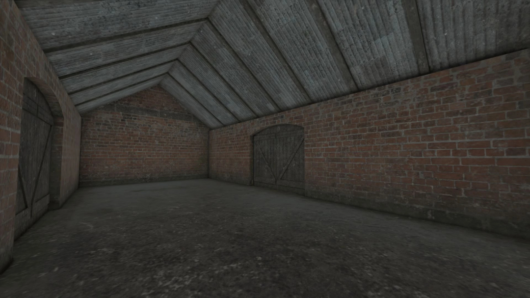 Interior of a brick building mod from FS25, showcasing rustic wooden doors and ceiling.