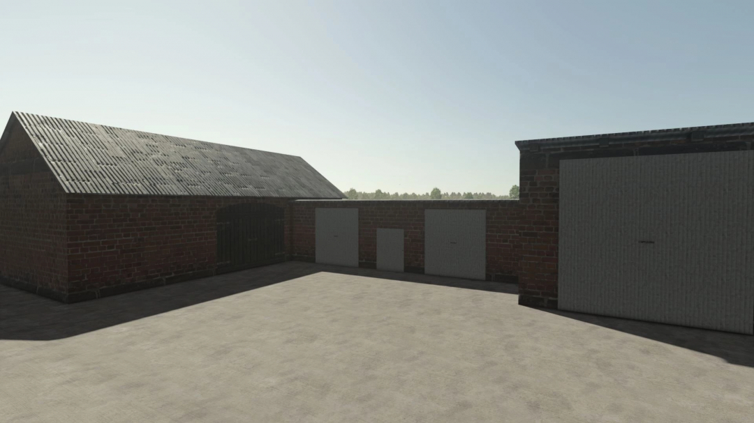 Brick buildings mod in FS25, showcasing rustic structures with large doors, enhancing Farming Simulator 25 gameplay.