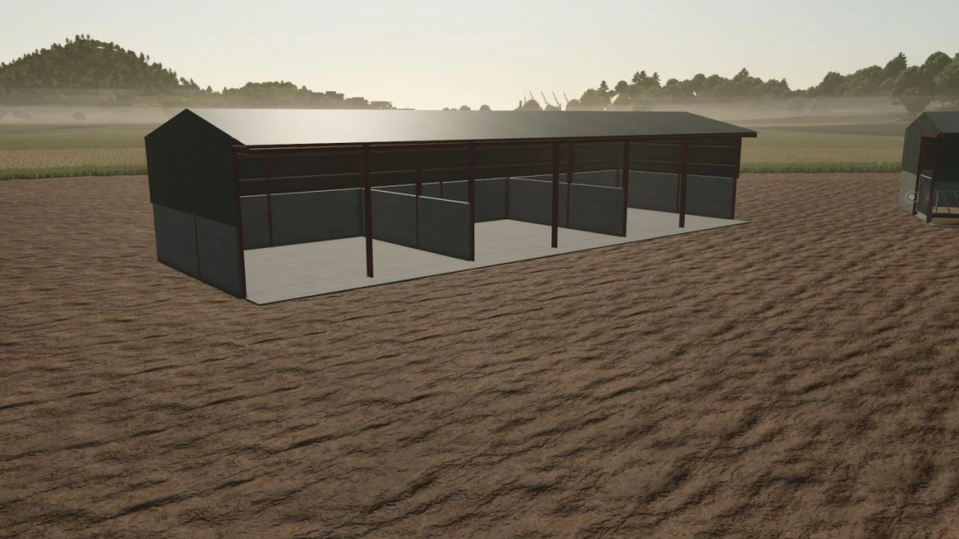 British cattle sheds mod for FS25, featuring spacious pens in an open field setting.