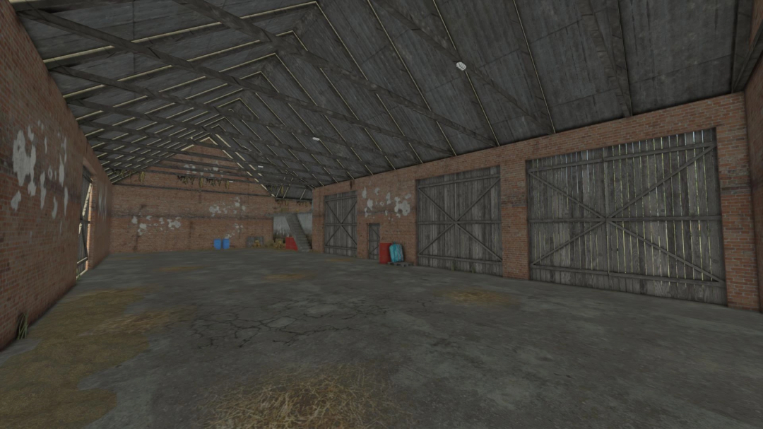 Interior of a barn with wooden doors in FS25 mods Buildings With Cows v1.0.0.0.