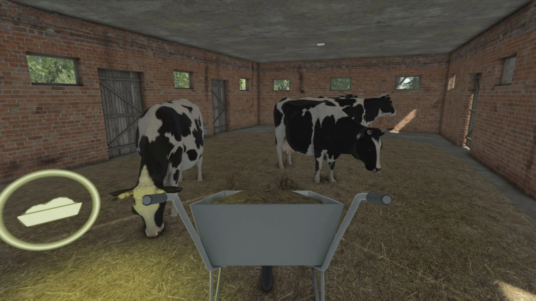 FS25 mod Buildings With Cows v1.0.0.0 showing a barn interior with cows and a wheelbarrow of feed.