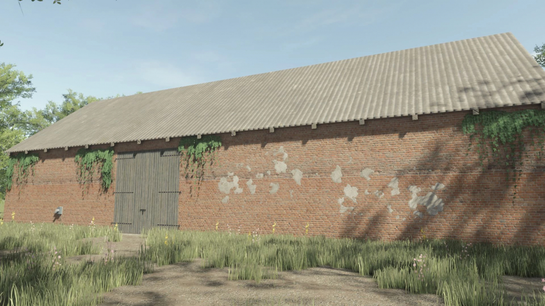 FS25 mod 'Buildings With Cows v1.0.0.0': rustic brick barn with overgrown greenery, ideal for enhancing farm aesthetics.