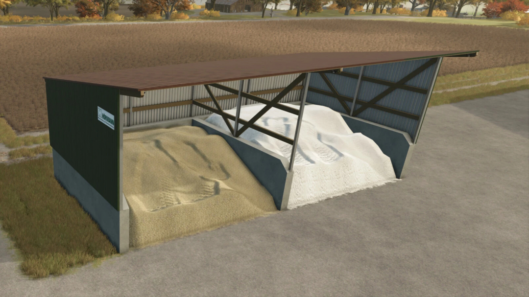 Bulk Material Warehouse in FS25 mod, showing stored materials under a metal roof. Ideal storage solution in Farming Simulator 25.