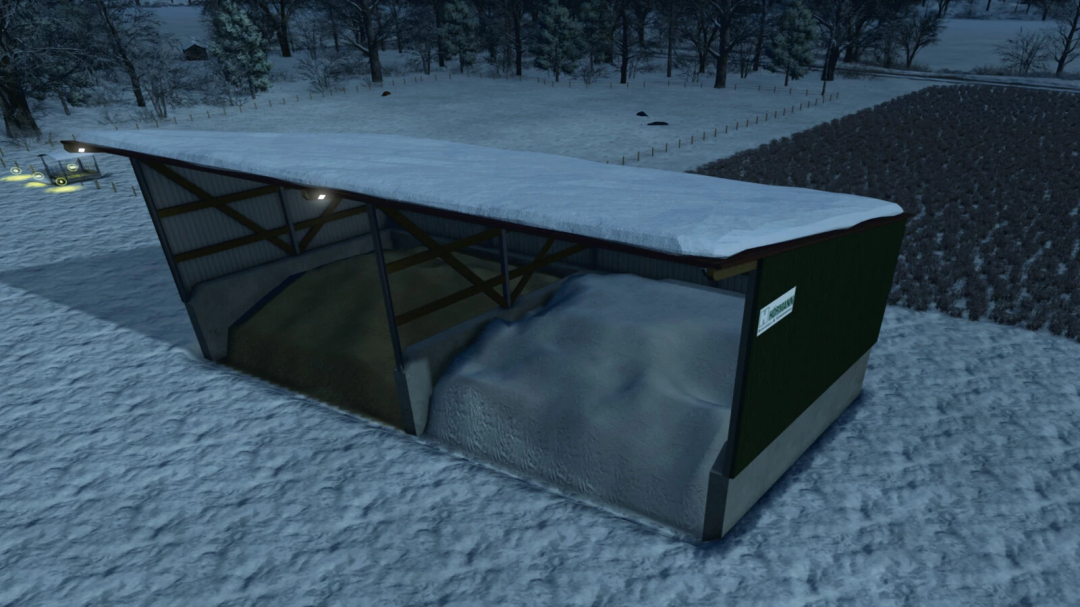 Bulk Material Warehouse mod in FS25 showing a snow-covered storage facility.