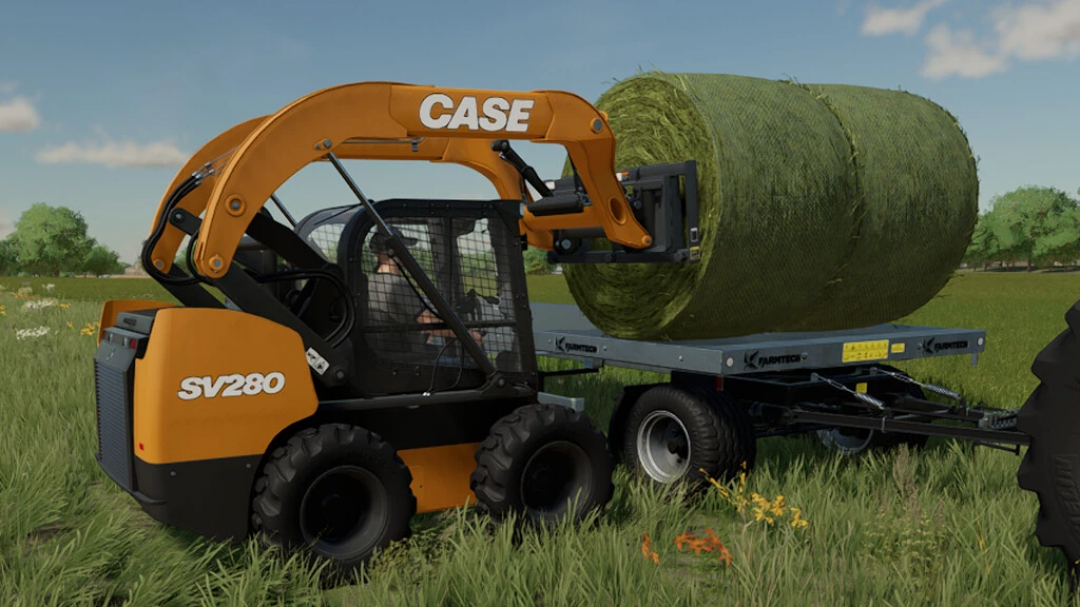 CASE SV280 skid steer in FS22 lifting hay bale, showcasing Farming Simulator 22 mod features.