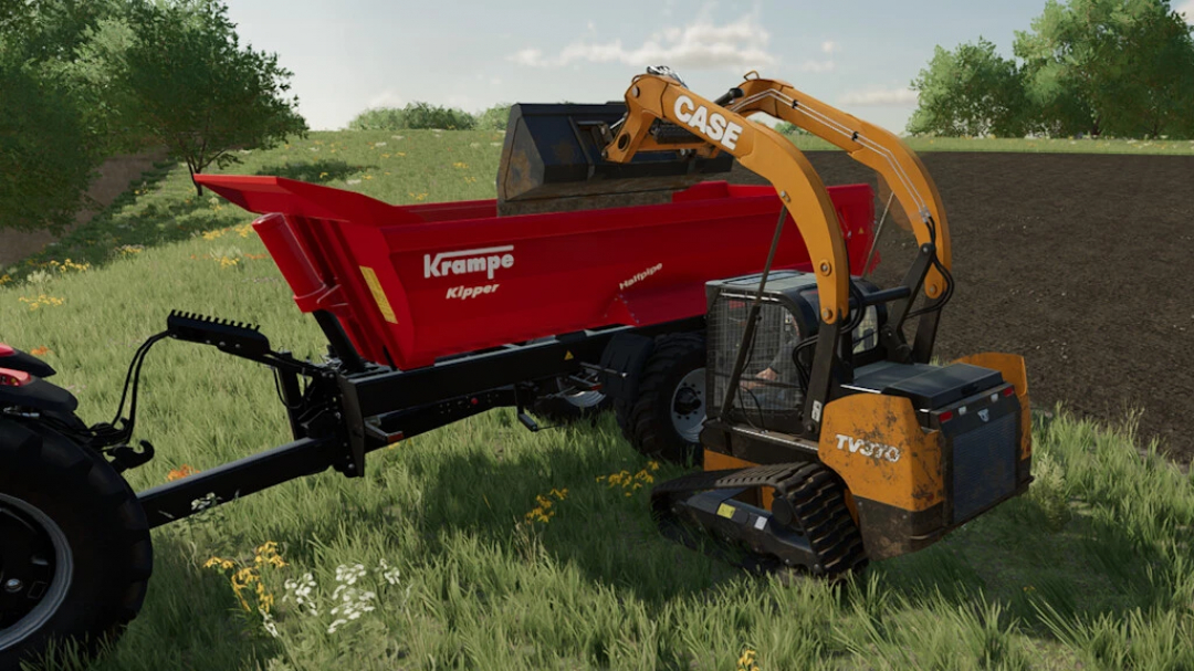 FS22 mods CASE Skid Steer Pack v1.0.0.0 featuring a CASE skid steer loading a red Krampe trailer in Farming Simulator 22.