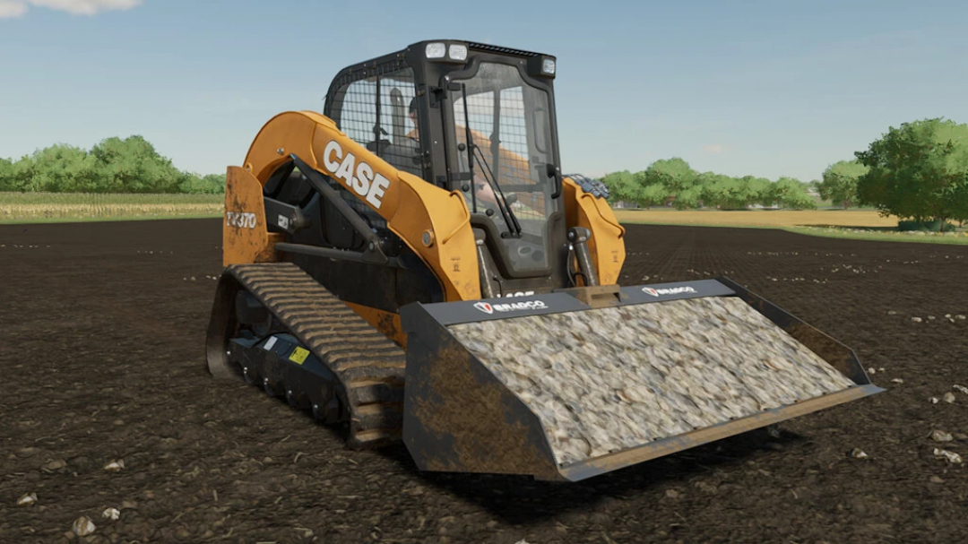 CASE skid steer loader in FS22 mods with bucket attachment on a farm field.